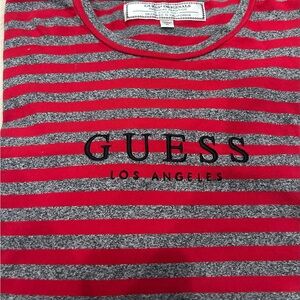 GUESS Red and Gray Striped Crewneck Tee with Embroidered Logo